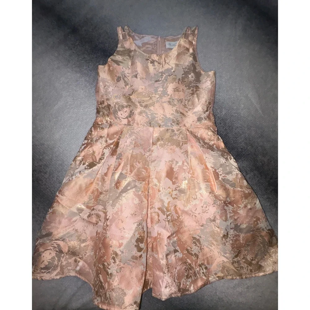 (A7) The Childrens Place Girls Pink Rose Gold Metallic Floral Brocade Dress 8